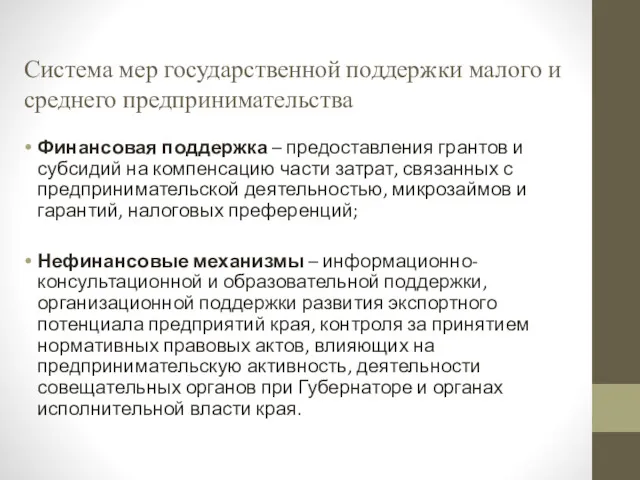 Система мер государственной поддержки малого и среднего предпринимательства Финансовая поддержка