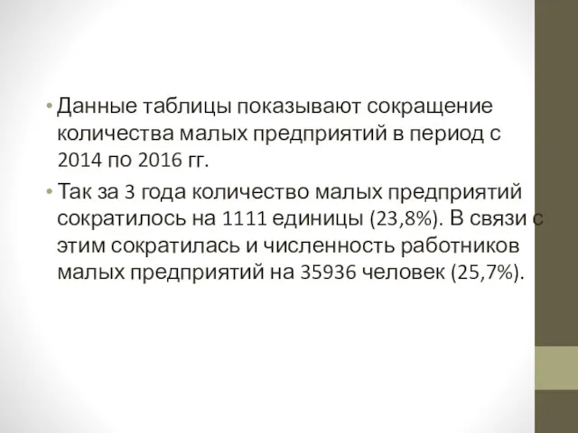 Данные таблицы показывают сокращение количества малых предприятий в период с