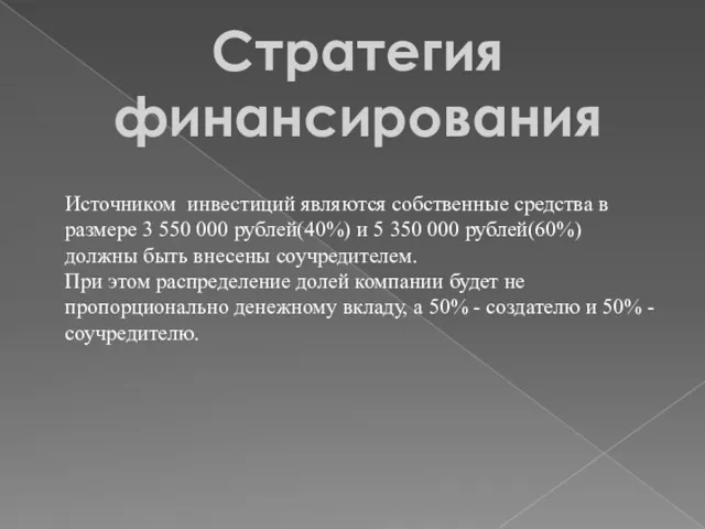 Стратегия финансирования Источником инвестиций являются собственные средства в размере 3 550 000 рублей(40%)