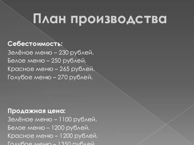 План производства Себестоимость: Зелёное меню – 230 рублей. Белое меню – 250 рублей.