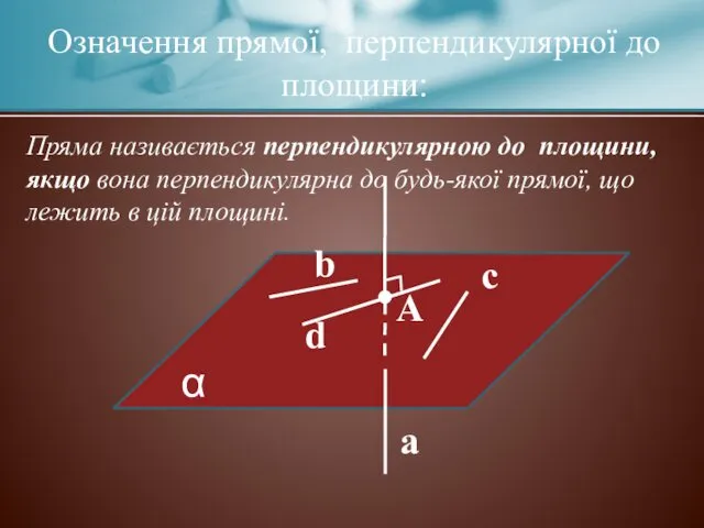 α a A b c d Означення прямої, перпендикулярної до