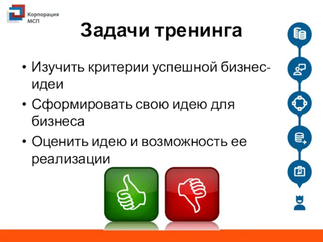 Задачи тренинга Изучить критерии успешной бизнес-идеи Сформировать свою идею для