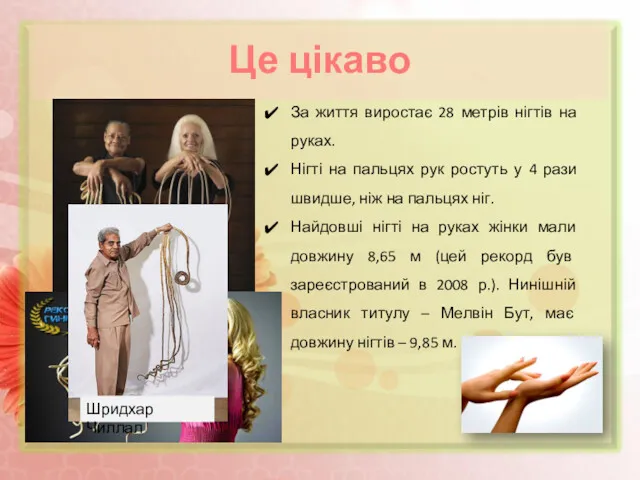 Це цікаво За життя виростає 28 метрів нігтів на руках. Нігті на пальцях