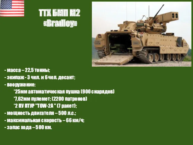 ТТХ БМП М2 «Bradley» - масса – 22,5 тонны; -