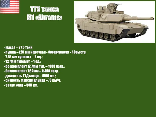 ТТХ танка M1 «Abrams» - масса – 57,5 тонн -