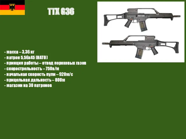 ТТХ G36 - масса – 3,36 кг - патрон 5,56х45