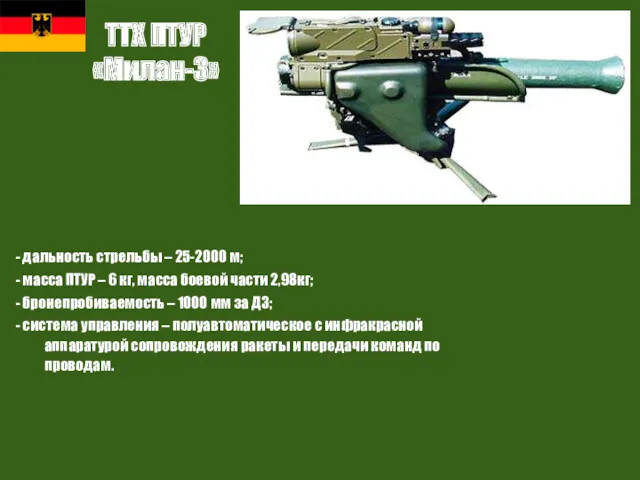 ТТХ ПТУР «Милан-3» - дальность стрельбы – 25-2000 м; -