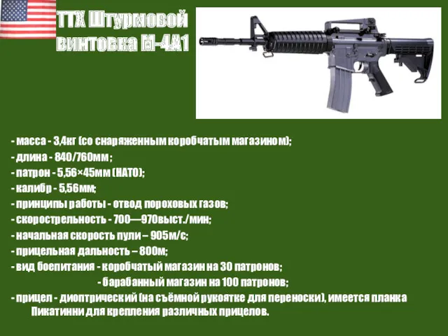 ТТХ Штурмовой винтовка М-4А1 - масса - 3,4кг (со снаряженным