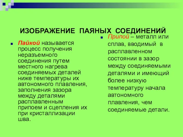 ИЗОБРАЖЕНИЕ ПАЯНЫХ СОЕДИНЕНИЙ Пайкой называется процесс получения неразъемного соединения путем