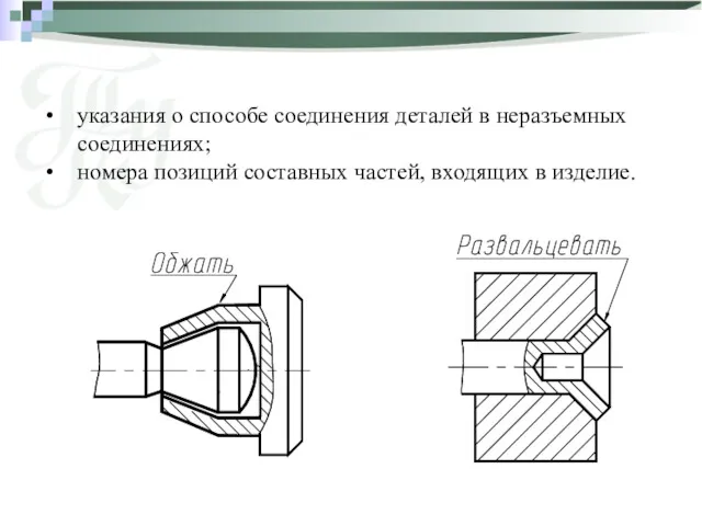 указания о способе соединения деталей в неразъемных соединениях; номера позиций составных частей, входящих в изделие.