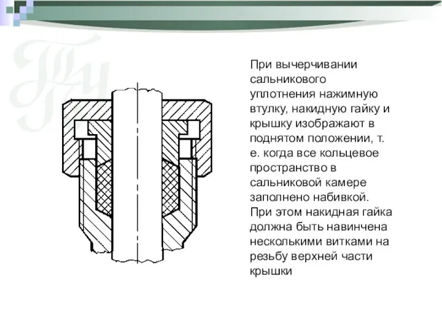 При вычерчивании сальникового уплотнения нажимную втулку, накидную гайку и крышку