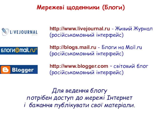 Мережеві щоденники (Блоги) http://www.livejournal.ru - Живий Журнал (російськомовний інтерфейс) http://blogs.mail.ru