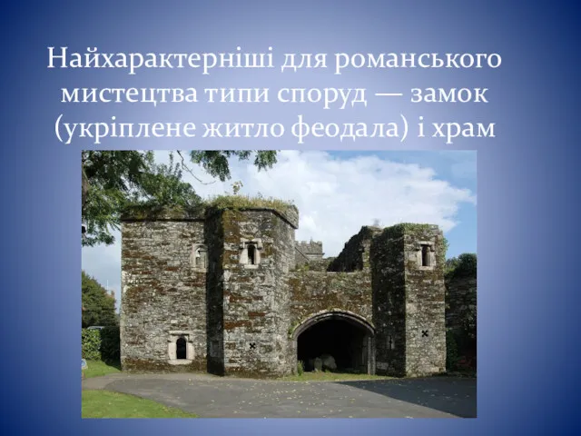 Найхарактерніші для романського мистецтва типи споруд — замок (укріплене житло феодала) і храм