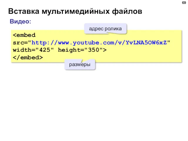 Вставка мультимедийных файлов width="425" height="350"> адрес ролика Видео: размеры