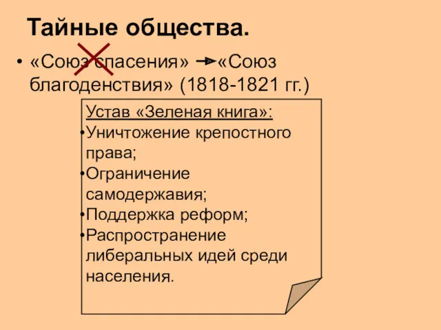 Тайные общества. «Союз спасения» «Союз благоденствия» (1818-1821 гг.) Устав «Зеленая