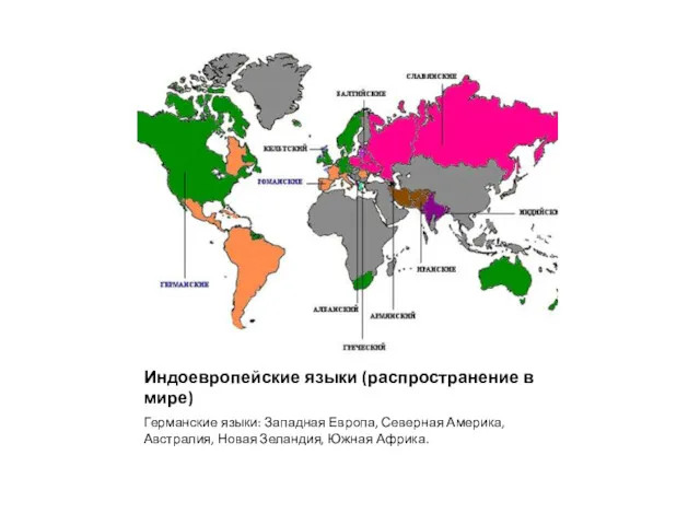 Индоевропейские языки (распространение в мире) Германские языки: Западная Европа, Северная Америка, Австралия, Новая Зеландия, Южная Африка.
