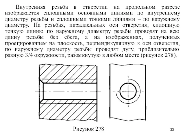 Внутренняя резьба в отверстии на продольном разрезе изображается сплошными основными