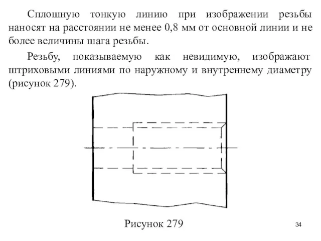 Сплошную тонкую линию при изображении резьбы наносят на расстоянии не