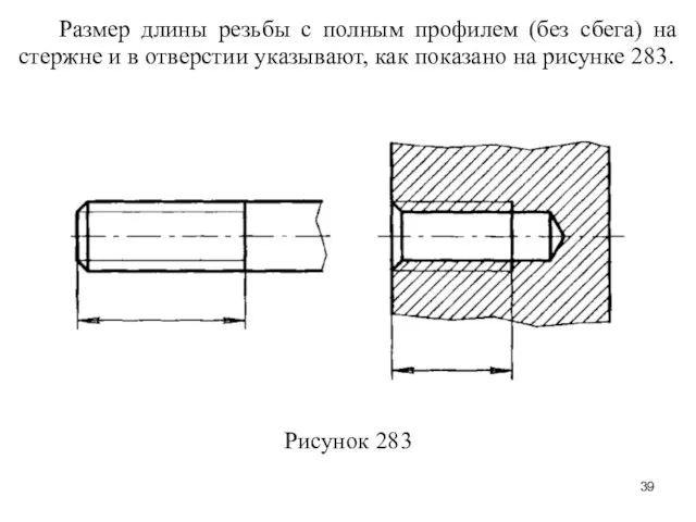 Размер длины резьбы с полным профилем (без сбега) на стержне