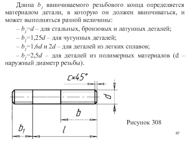 Длина b1 ввинчиваемого резьбового конца определяется материалом детали, в которую