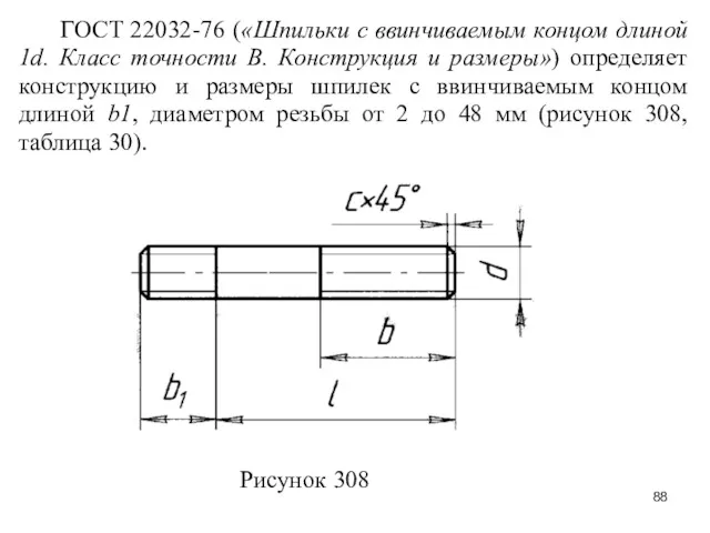 ГОСТ 22032-76 («Шпильки с ввинчиваемым концом длиной 1d. Класс точности