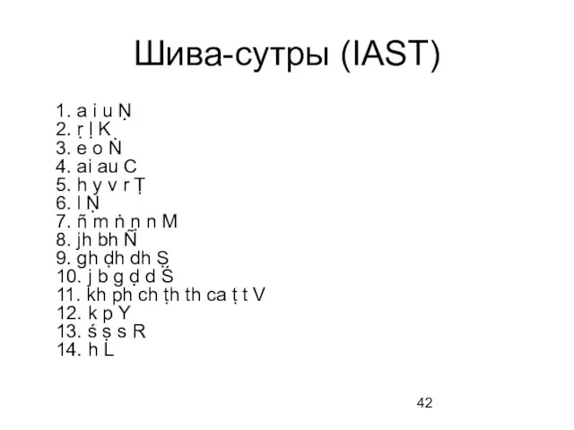 Шива-сутры (IAST) 1. a i u Ṇ 2. ṛ ḷ