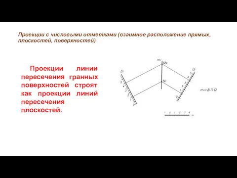 Проекции с числовыми отметками (взаимное расположение прямых, плоскостей, поверхностей) Проекции