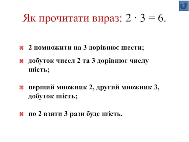 Як прочитати вираз: 2 ∙ 3 = 6. 2 помножити