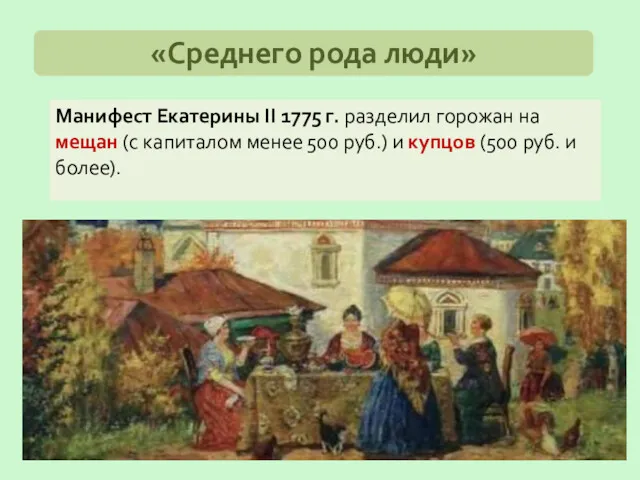 Манифест Екатерины II 1775 г. разделил горожан на мещан (с
