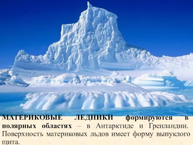 МАТЕРИКОВЫЕ ЛЕДНИКИ формируются в полярных областях – в Антарктиде и