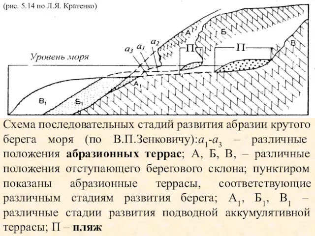 Схема последовательных стадий развития абразии крутого берега моря (по В.П.Зенковичу):а1-а3
