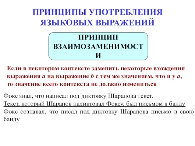 ПРИНЦИПЫ УПОТРЕБЛЕНИЯ ЯЗЫКОВЫХ ВЫРАЖЕНИЙ Если в некотором контексте заменить некоторые