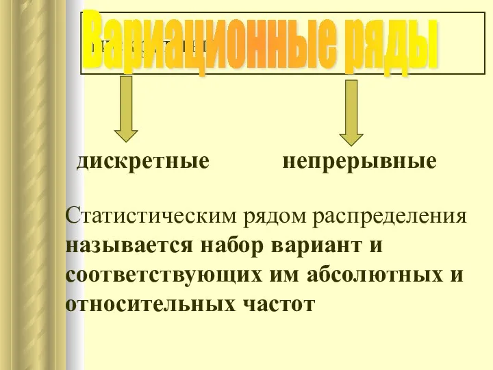 дискретные дискретные непрерывные Статистическим рядом распределения называется набор вариант и