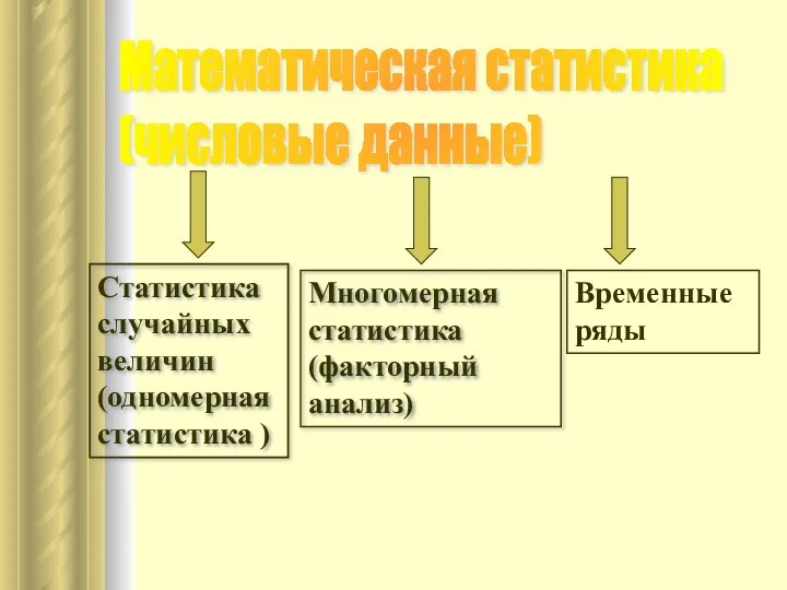 Статистика случайных величин (одномерная статистика ) Многомерная статистика (факторный анализ) Временные ряды Математическая статистика (числовые данные)