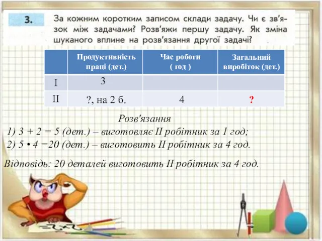 Розв'язання 1) 3 + 2 = 5 (дет.) – виготовляє