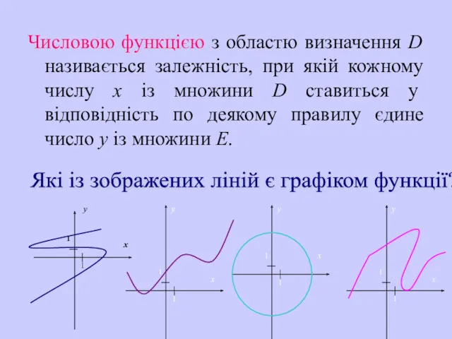 Числовою функцією з областю визначення D називається залежність, при якій