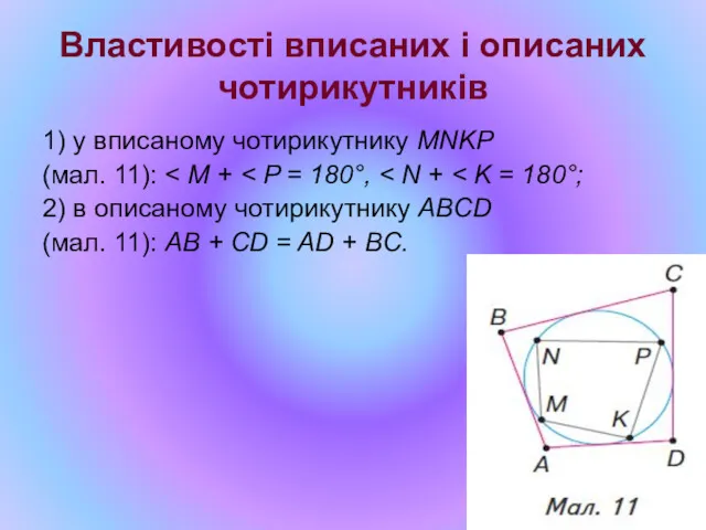 Властивості вписаних і описаних чотирикутників 1) у вписаному чотирикутнику MNKP