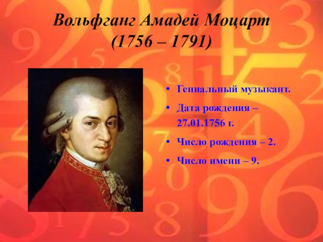 Вольфганг Амадей Моцарт (1756 – 1791) Гениальный музыкант. Дата рождения