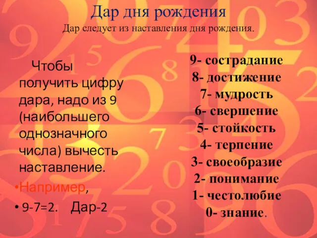 Дар дня рождения Чтобы получить цифру дара, надо из 9