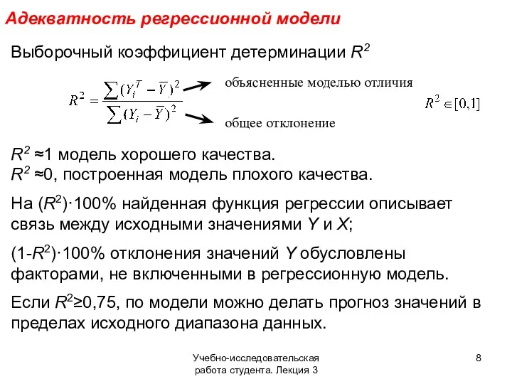 Учебно-исследовательская работа студента. Лекция 3 Адекватность регрессионной модели Выборочный коэффициент