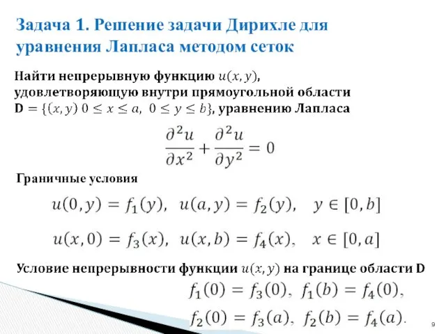 Задача 1. Решение задачи Дирихле для уравнения Лапласа методом сеток Граничные условия