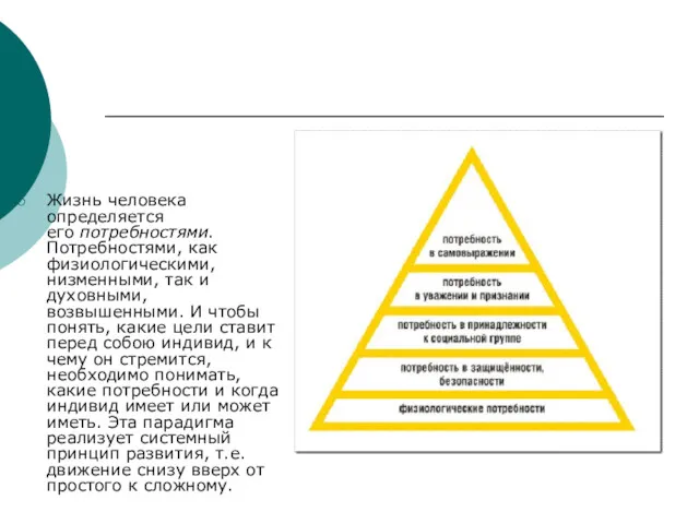 Жизнь человека определяется его потребностями. Потребностями, как физиологическими, низменными, так