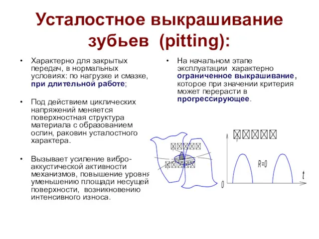 Усталостное выкрашивание зубьев (pitting): Характерно для закрытых передач, в нормальных