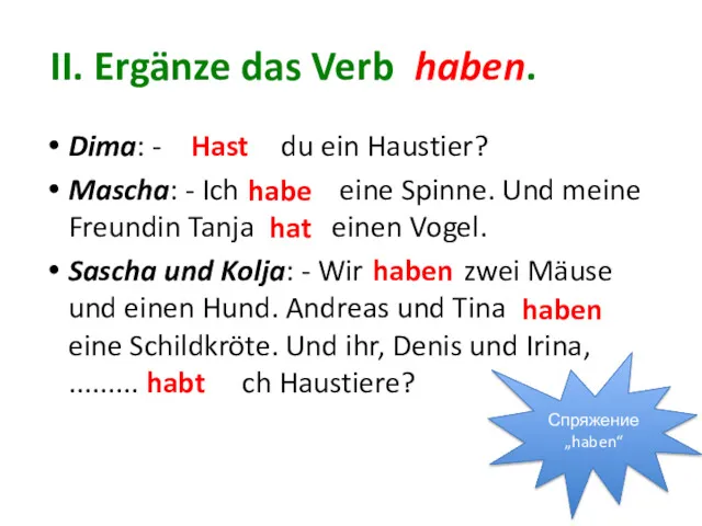 II. Ergänze das Verb haben. Dima: - ........ du ein