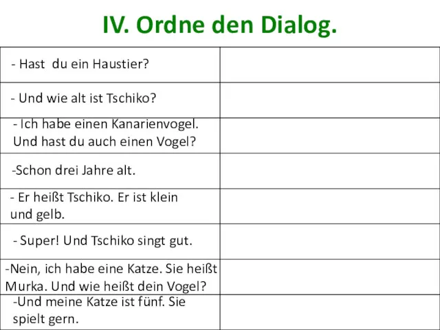 IV. Ordne den Dialog. - Hast du ein Haustier? -