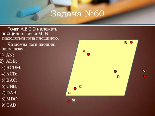 Задача №60 Точки A,B,C,D належать площині α. Точки M, N