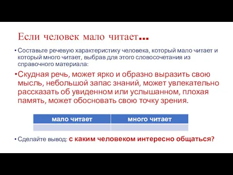 Если человек мало читает… Составьте речевую характеристику человека, который мало