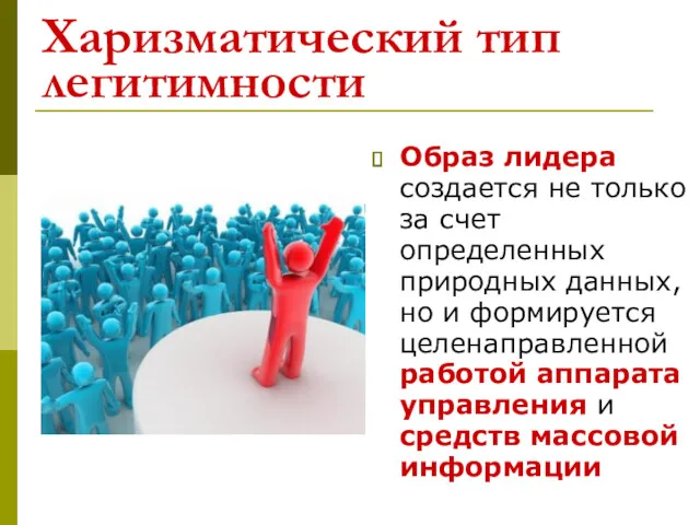 Харизматический тип легитимности Образ лидера создается не только за счет