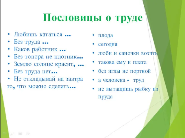 Пословицы о труде Любишь кататься … Без труда … Каков