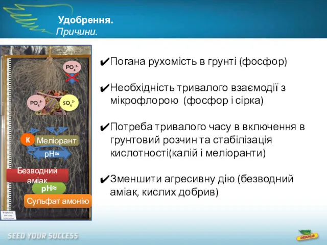 Удобрення. Причини. Погана рухомість в грунті (фосфор) Необхідність тривалого взаємодії